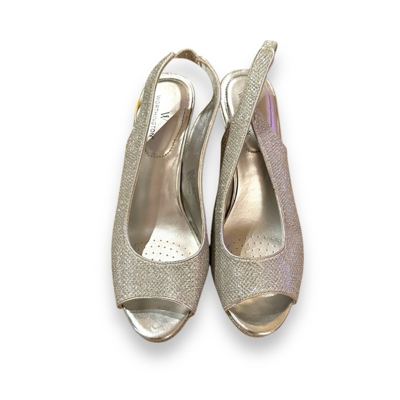 Worthington Dayne Silver Metallic Peep Toe Stiletto Heels Sz 6.5 - Picture 2 of 15